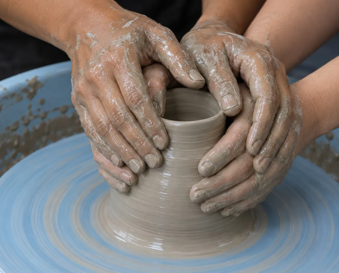 Two pairs of clay-covered hands shaping a pot together on a spinning pottery wheel