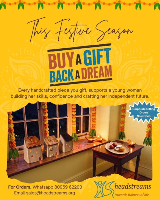 Poster: "This festive season, buy a gift, back a dream. Every handcrafted piece you gift supports a young woman building her skills, confidence and crafting her independent future." Handmade ceramic houses on a windowsill decorated with marigolds. Corporate gifting orders now open.